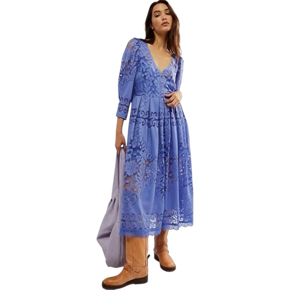 NWT 𝓯𝓹 Free People Shadow Dance Midi Lace Crochet Wooden Button Boho Chic Small - Picture 1 of 11